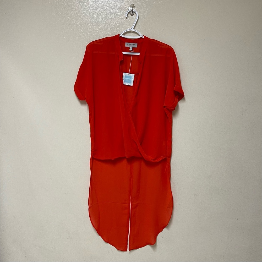 NWT Hayden Orange Top Blouse Tunic High Low Sheer M boho cruise wear Sheer